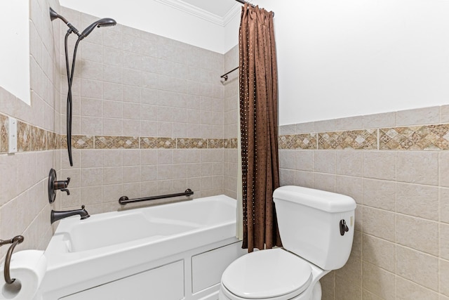 bathroom featuring shower / bath combo, ornamental molding, tile walls, and toilet