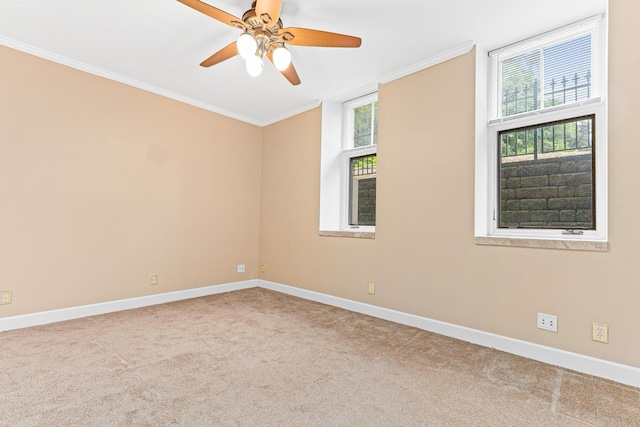 carpeted spare room featuring ceiling fan and crown molding