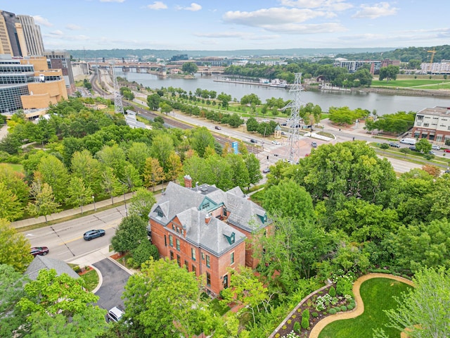 aerial view featuring a water view