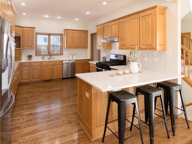 kitchen featuring sink, appliances with stainless steel finishes, a kitchen breakfast bar, dark hardwood / wood-style flooring, and decorative backsplash