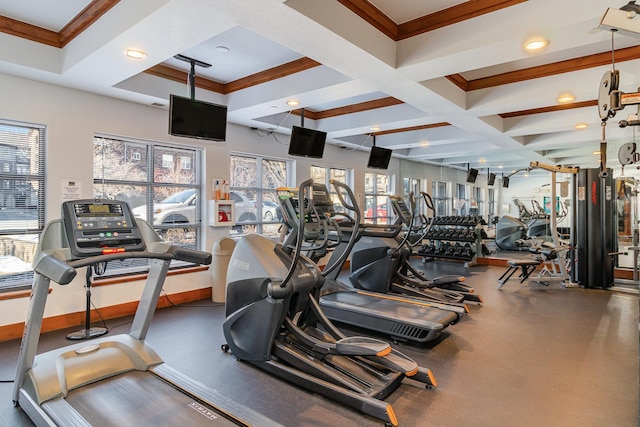 workout area with coffered ceiling