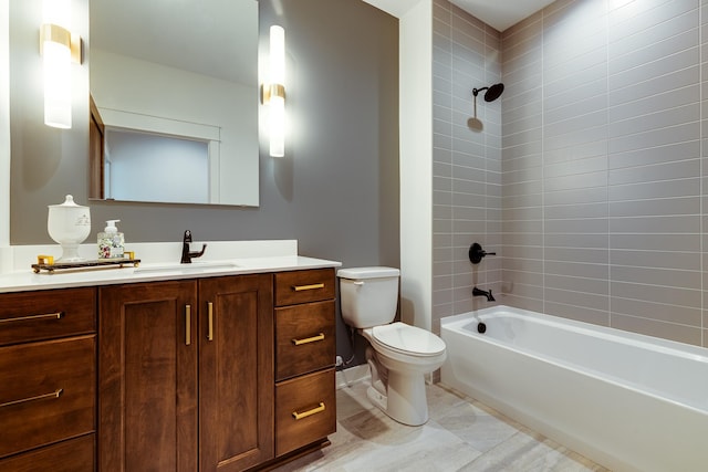 full bathroom with tiled shower / bath combo, vanity, and toilet