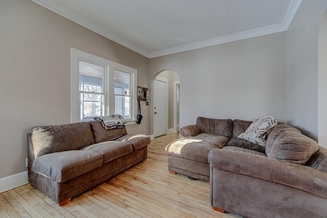 living room with ornamental molding and light hardwood / wood-style flooring