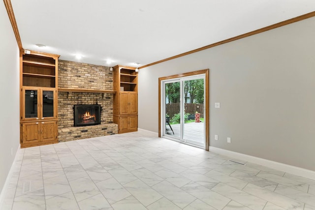 8385 Pleasant View Dr, Mounds View, MN 55112 - unfurnished living room featuring crown molding, light marble finish floors, and a fireplace