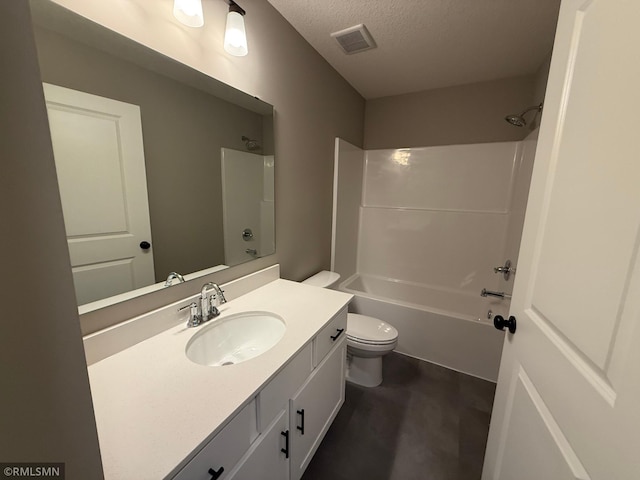 full bathroom with a textured ceiling, toilet, vanity, and shower / washtub combination