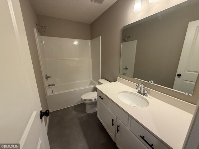 full bathroom with vanity, toilet, shower / bathtub combination, and a textured ceiling