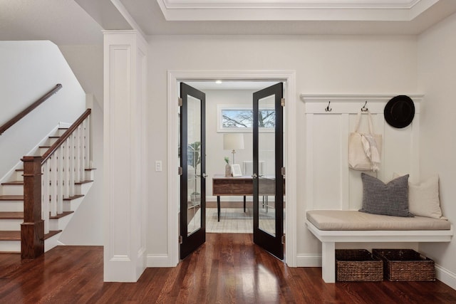 mudroom with french doors and dark hardwood / wood-style floors