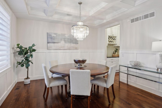 dining area featuring beam ceiling, dark wood-type flooring, a wealth of natural light, and coffered ceiling