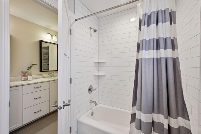 bathroom featuring tile patterned floors, vanity, and shower / bathtub combination with curtain