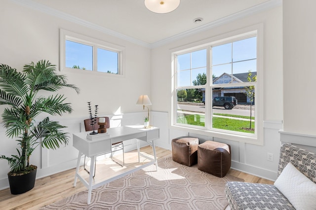 office featuring light hardwood / wood-style flooring and crown molding