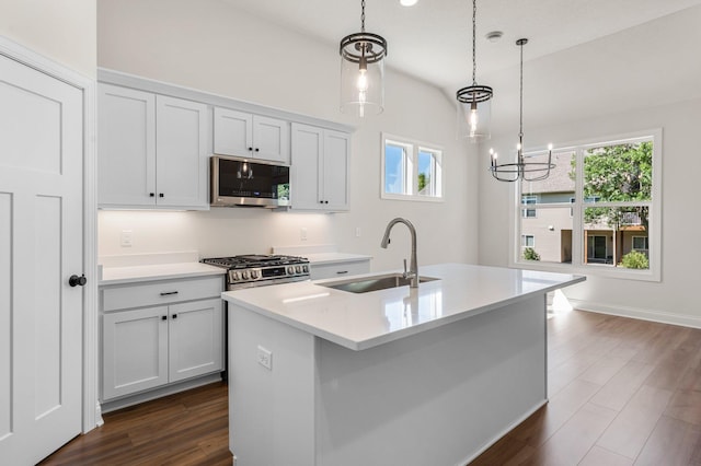 kitchen featuring sink, hanging light fixtures, appliances with stainless steel finishes, an island with sink, and a chandelier