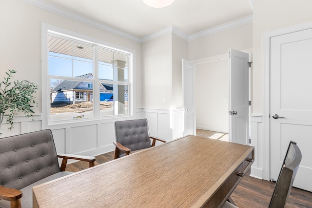 office with dark hardwood / wood-style flooring and crown molding