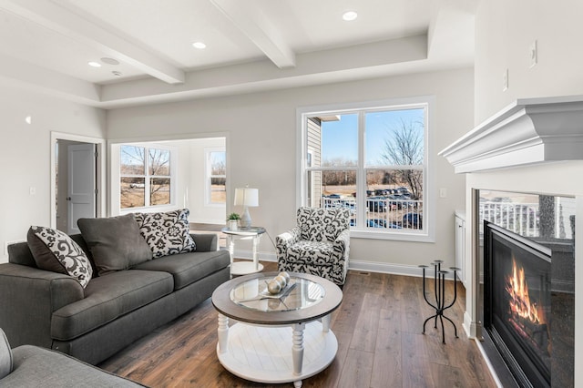 living room featuring dark hardwood / wood-style flooring and beam ceiling