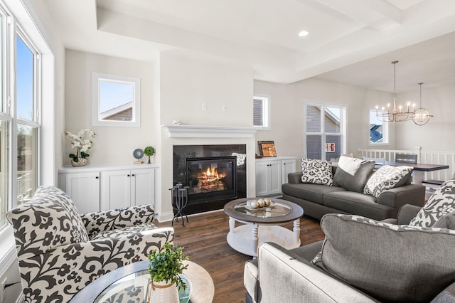 living room featuring dark hardwood / wood-style floors and a chandelier