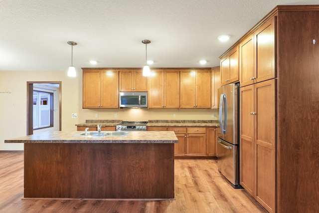 kitchen with sink, light hardwood / wood-style floors, decorative light fixtures, and appliances with stainless steel finishes