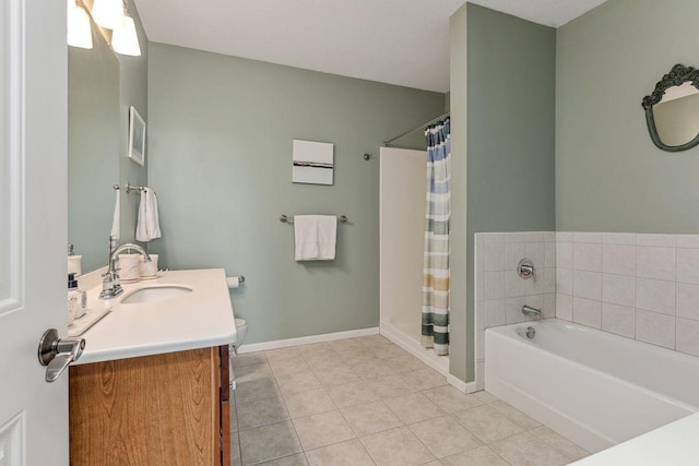 bathroom featuring tile patterned flooring, vanity, and independent shower and bath