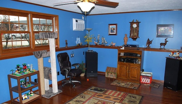 office area with ceiling fan, ornamental molding, dark wood-type flooring, and a wall mounted AC