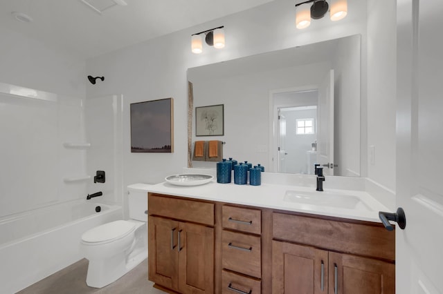 full bathroom with shower / tub combination, vanity, toilet, and tile patterned floors