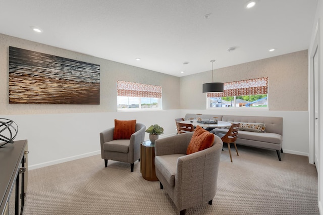 living area with light colored carpet