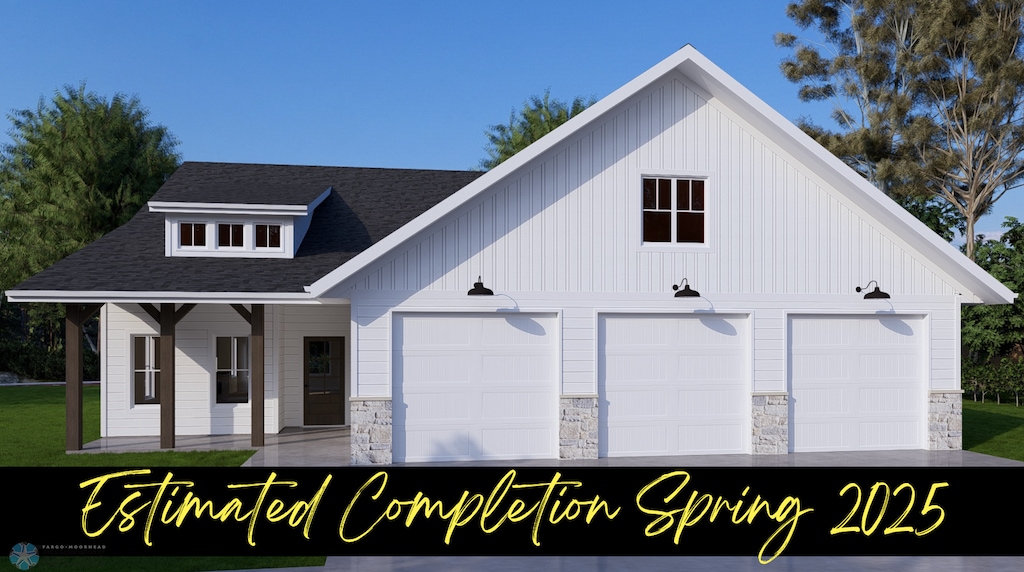 view of front facade featuring board and batten siding, a garage, stone siding, and roof with shingles