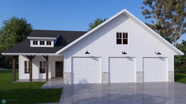 modern farmhouse style home with a front lawn, board and batten siding, and roof with shingles