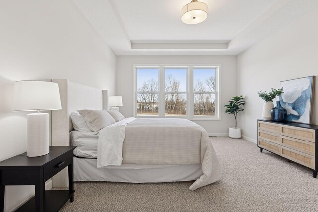 bedroom featuring carpet flooring, baseboards, and a tray ceiling