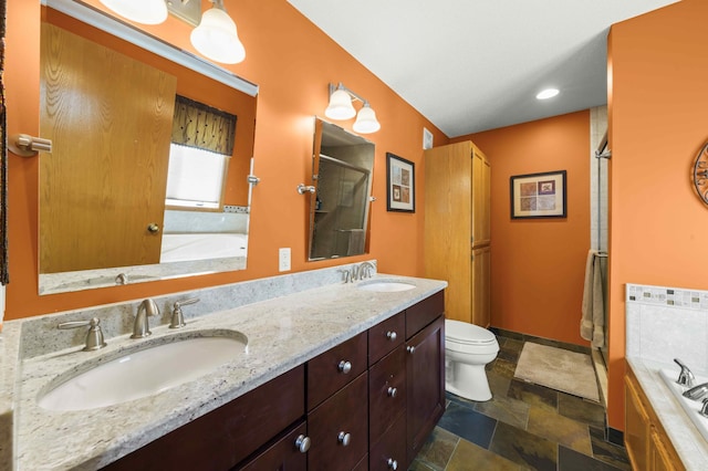 full bathroom with vanity, independent shower and bath, and toilet