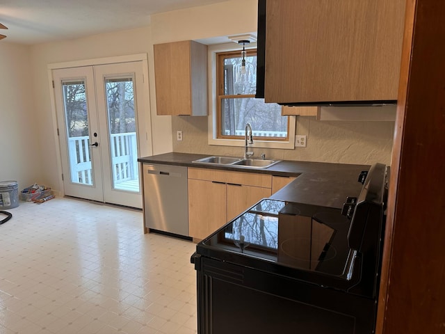 kitchen with a wealth of natural light, sink, stainless steel dishwasher, black range with electric cooktop, and french doors