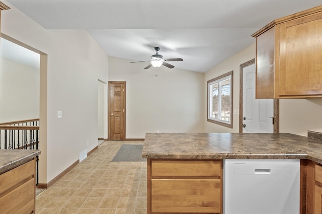 kitchen featuring ceiling fan and white dishwasher