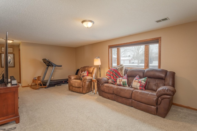 carpeted living room with a textured ceiling