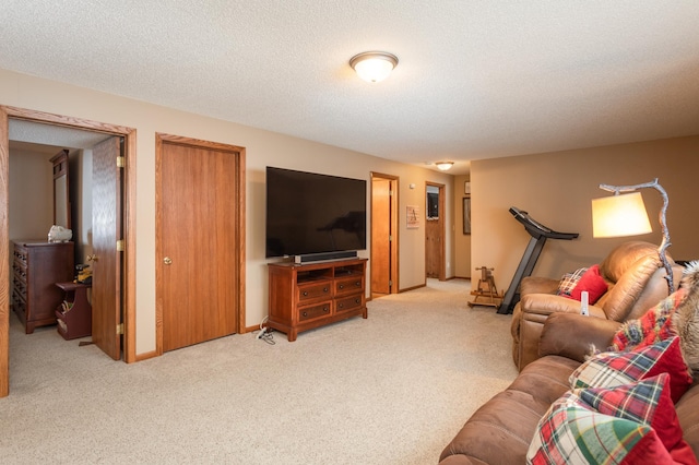 living room with a textured ceiling and light colored carpet