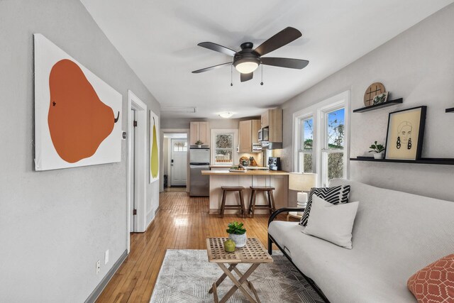 living room with ceiling fan and light hardwood / wood-style floors