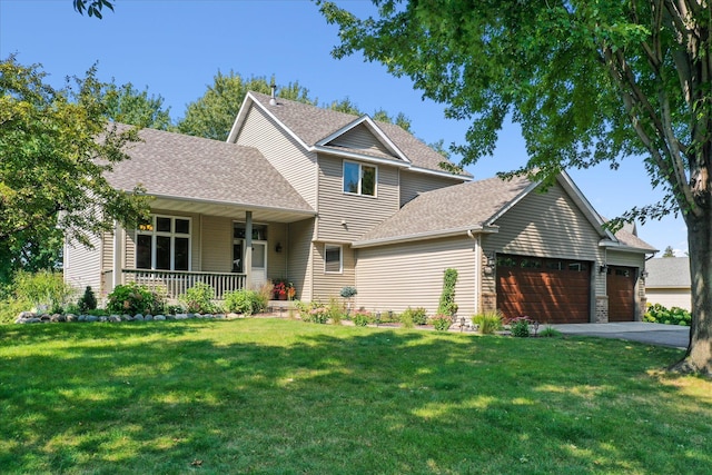 view of front of property with driveway, covered porch, a shingled roof, a front lawn, and a garage