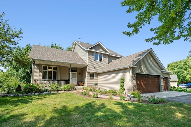 view of front of house with a shingled roof, a porch, a front yard, a garage, and driveway