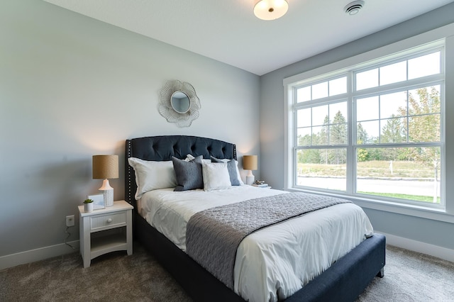 bedroom featuring dark carpet and multiple windows