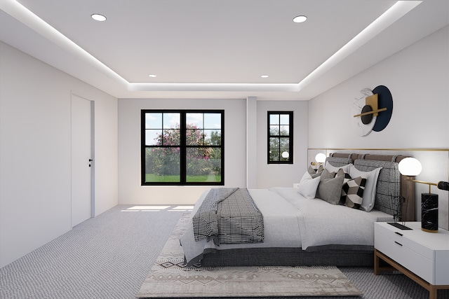 bedroom featuring carpet floors and a raised ceiling