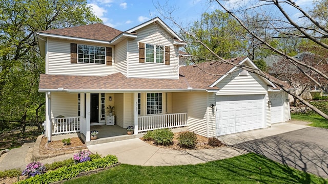4167 Hallgren Ln, Excelsior, MN 55331 - traditional home with a porch, driveway, a garage, and roof with shingles