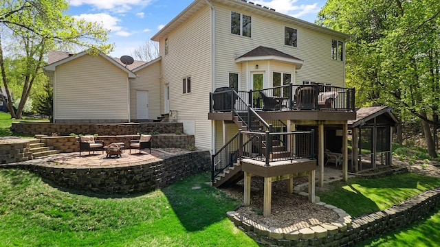 4167 Hallgren Ln, Excelsior, MN 55331 - rear view of property with stairway, a fire pit, a wooden deck, a patio area, and a lawn