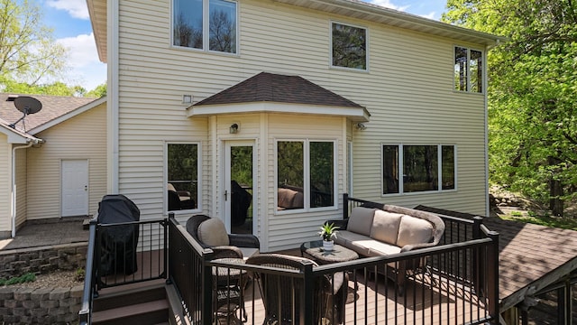 4167 Hallgren Ln, Excelsior, MN 55331 - back of property featuring an outdoor living space, a deck, and a shingled roof