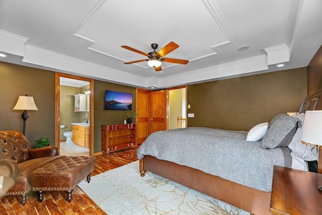 4167 Hallgren Ln, Excelsior, MN 55331 - bedroom with attic access, a tray ceiling, crown molding, wood finished floors, and ensuite bath