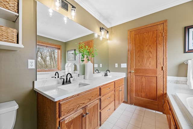 4167 Hallgren Ln, Excelsior, MN 55331 - bathroom featuring crown molding, toilet, tiled tub, tile patterned flooring, and double vanity