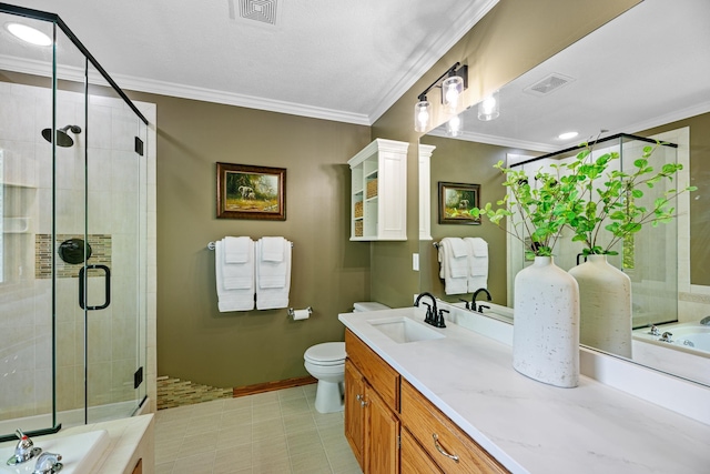 4167 Hallgren Ln, Excelsior, MN 55331 - bathroom with ornamental molding, a shower stall, a garden tub, and vanity