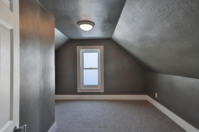 additional living space featuring a textured ceiling, carpet floors, vaulted ceiling, and baseboards