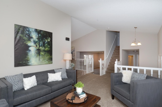 living room featuring lofted ceiling, light colored carpet, and a notable chandelier