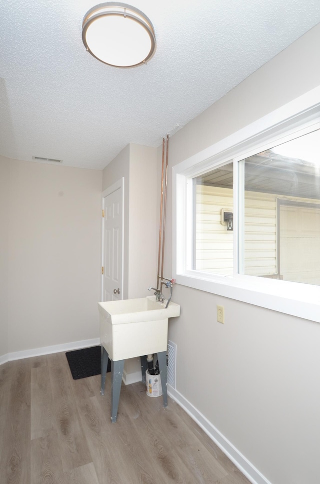 bathroom featuring wood-type flooring and a textured ceiling