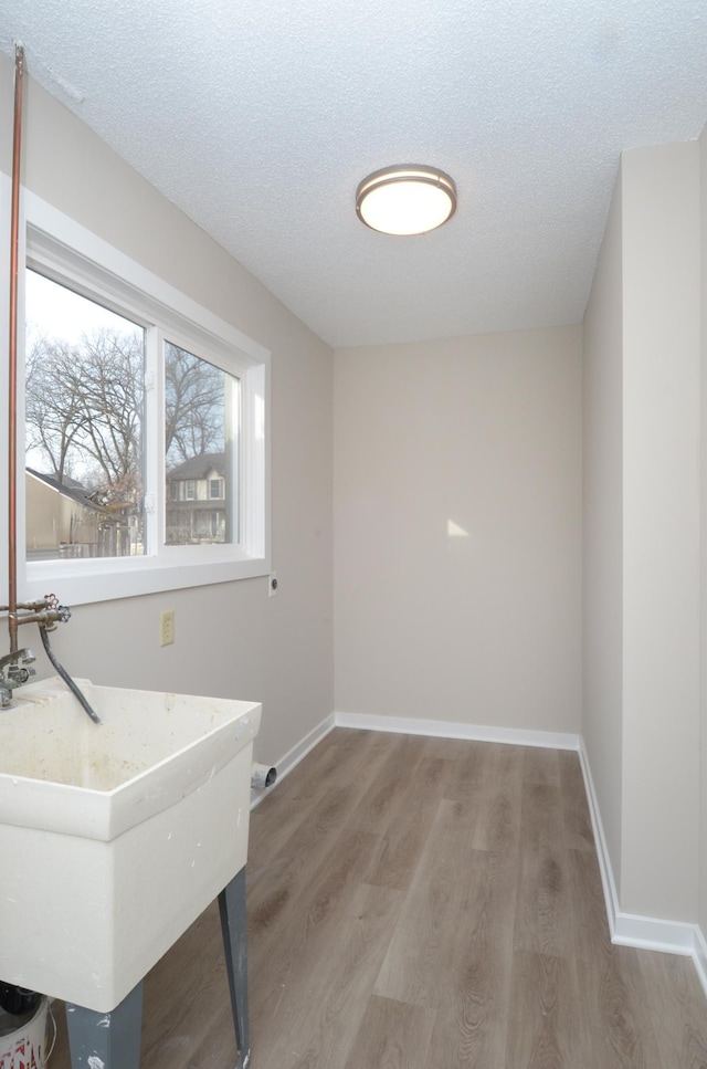 clothes washing area with wood-type flooring, a textured ceiling, and sink