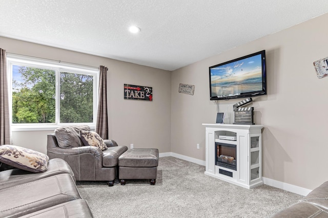 carpeted living room with a textured ceiling