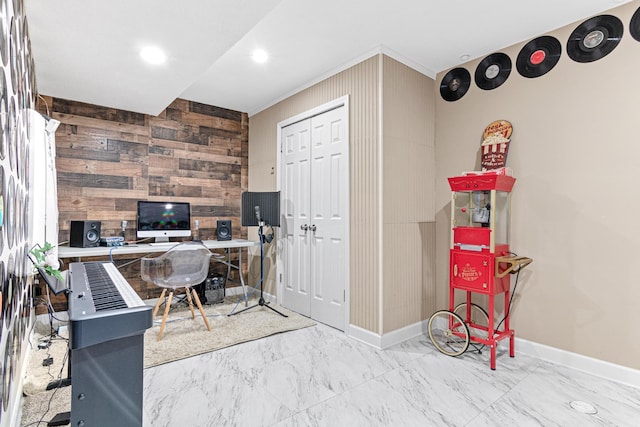 home office featuring wooden walls