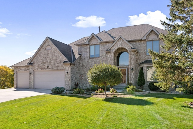 french country style house with a garage and a front yard