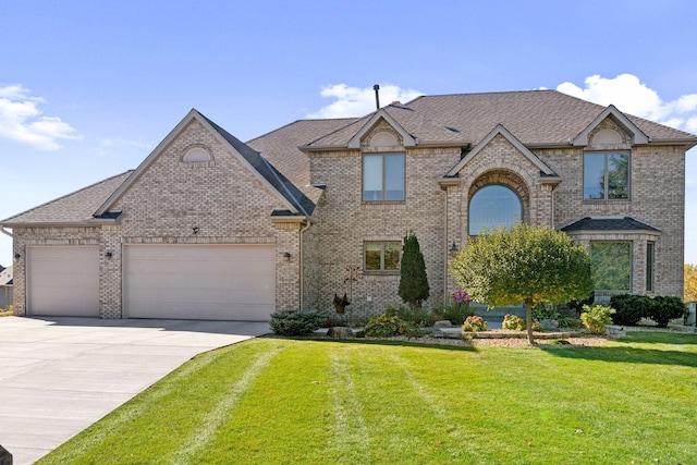 view of front of house with a garage and a front lawn